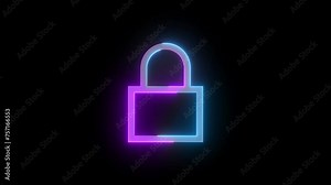 Neon lock icon cyan purple color glowing animation black background, lock and key