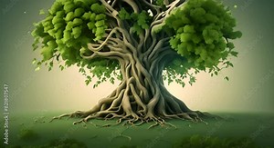 Abstract tree with roots resembling human brain tall and lush with green leaves its roots intertwining and extending from the ground