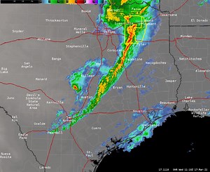 7 AM Radar Update (03/17/2021) Here's a regional radar showing a line of thunderstorms extending from northeast to south-central Texas as of 7 am CDT. Strongest storms are currently located over northeast TX. Southeast TX can expect moderate to heavy rain, wind gusts from 25 to 40 mph and frequent lightning with this line of storms. *** Yellow polygons on this graphic depict severe thunderstorms. | US National Weather Service Houston-Galveston Texas