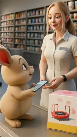 The little Rabbit buys a trampoline to play with children