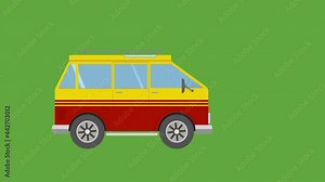 Trip van Driving Trip Car Moving - Cartoon vector animation vacation traveling car on green bg