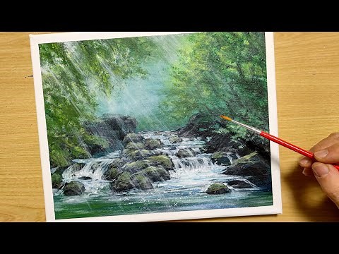 How to draw forest and river landscapes with acrylic paint /sunlight / for beginners / Step by step