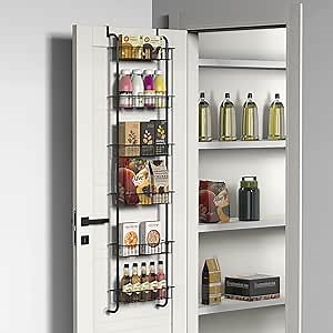 6-Tier Over the Door Pantry Organizer Rack, Hanging Storage Metal Rack with 6 Baskets, Door Organization Kitchen Spice Rack, for Kitchen Bathroom Bedroom,Black
