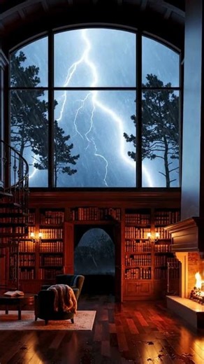 Thunderstorm Library Ambience ⚡🌧️ Cozy Fireplace & Rain Sounds #shorts