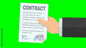 Animation of a hand presenting a signed contract from the right on green screen, transparent background with alpha channel (flat design)