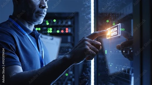 Technician operates automated dispatch system using holographic interface in server room. Man works with digital dispatch panel. Technician controls automated system. Server room dispatch management.