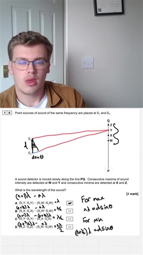 Q16 — Sound Interference & Path Difference Q16 walkthrough ✅ | AQA A-Level Physics Paper 1 2024 Sound interference and path difference — two point sources, consecutive maxima and minima, and finding the wavelength from path difference expressions. Full MCQ breakdown 👇 #ALevelPhysics #SoundInterference #PathDifference #Waves #AQAPhysics #PhysicsRevision #ALevelRevision #PhysicsPaper1 #AQA2024 #PhysicsHelp #RevisionTips #StudyGram #LearnPhysics #ALevelStudent #PhysicsTeacher