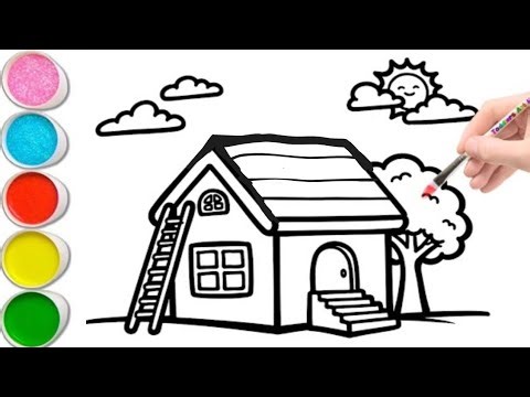 How to draw cute House Tree Drawing Painting Colouring for kids Toddlers Easy step by step Drawing..