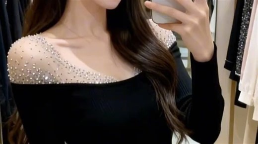 _CHOCOOLATE__it女装设计感烫钻绝美露肩长袖T恤女2025冬季穿搭修身打底上衣_黑色_S