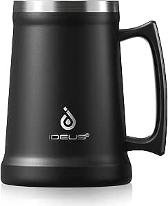 Ideus Insulated Beer Stein, 24/32oz Stainless Steel Double Walled Beer Mug Giant Bar Drinkware Metal Beer Cup with Big Grip Handle (Black, 24 ounces (710ml))