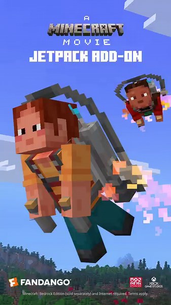 Soar through the Overworld in style. Get Henry's jetpack add-on in Minecraft when you buy tickets to #MinecraftMovie through Fandango. See more at the link in bio. Minecraft: Bedrock Edition (sold separately) and Internet required. See https://fandan.co/JetPackGWP for full terms. Jetpack add-ons are available at time of ticketing launch in individual markets. | A Minecraft Movie