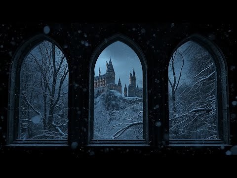 4K Harry Potter Winter Window View – Hogwarts Snow Ambience & Wind Sounds for Study and Sleep