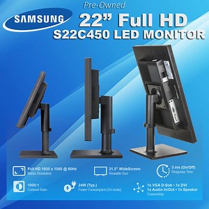 Maximise your space with easy wall mounting Samsung 22-inch LED Monitor. Keep your work space as efficient as your monitor ➡️For Only: 3,460 Pesos ➡️With 12 Months Warranty 👉𝐒𝐏𝐄𝐂𝐈𝐅𝐈𝐂𝐀𝐓𝐈𝐎𝐍: 🔹️SAMSUNG C450 " LED MONITOR 🔹️Resolution 1920 x 1080 🔹️Ports - DVI & VGA 👉FEATURES: ✅️ Pivot ✅️ Tilt ✅️ Swivel 👉INCLUSIONS: ✅️ Power Cord ✅️ VGA Cable For Order / Inquiry contact us at: 👉 CP No. : 0917-822-1232 👉 Email: openpinoy_onlinesales@hotmail.com You can also visit our Store from M