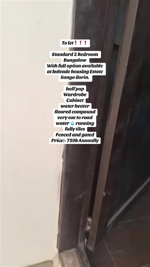 To let❗️❗️❗️ Standard 2 Bedroom Bungalow With full option available at kulende housing Estate Sango ilorin. half pop Wardrobe Cabinet water heater floored compound very ose to road water 💧 running fully tiles Fenced and gated Price:- 750k Annually. #creatorsearchinsight2026 #creatorinsights #creatorserchinsights #properties #ilorin