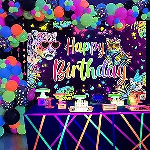 Leopard Cheetah Birthday Decorations Rainbow Cheetah Happy Birthday Backdrop Neon Leopard Photography Background Safari Wild Cheetah Happy Bday Photoshoot Backdrop for Women Girls