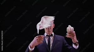 Magician with pigeons. Shows focus with two white pigeons. Magician releases dove from hands, slow motion