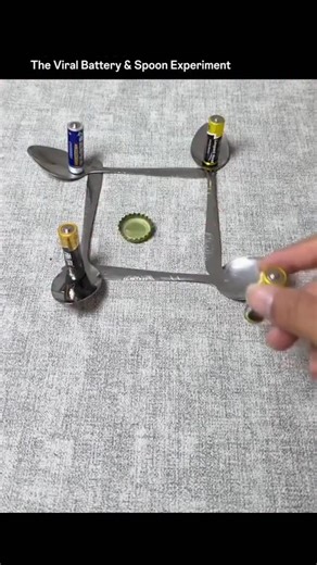 ScienceX on Instagram: "Have you tried the “Battery and Spoon” trick? 🧐 Spoiler alert: It doesn’t work! While it looks like cool science, this viral video breaks the laws of physics. Batteries sitting on metal spoons cannot generate a magnetic field strong enough to levitate or spin a bottle cap. Real electromagnetism requires a closed circuit and moving charges! #fakescience #debunked #scienceexperiment #physicsfun #mythbusting viralvideo magnetism sciencefacts batterytrick freeenergy internet