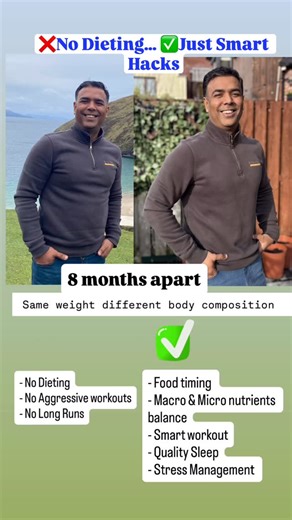 HacknHeal by Vivek on Instagram: "Same weight. Completely different body. 8 months of smart hacks — no crash diets, no crazy workouts. Just better timing, balanced macros/micros, quality sleep & stress control. This is the real glow-up. 💪🌿 What’s one thing holding YOUR progress back? Comment “HacknHeal” & let’s hack it together! 💬 I will reach out to help you hacknheal your health!! Follow @hacknhealbyvivek for more real results.” #holistichealth #biohacking #SustainableFitness #IndianFitness
