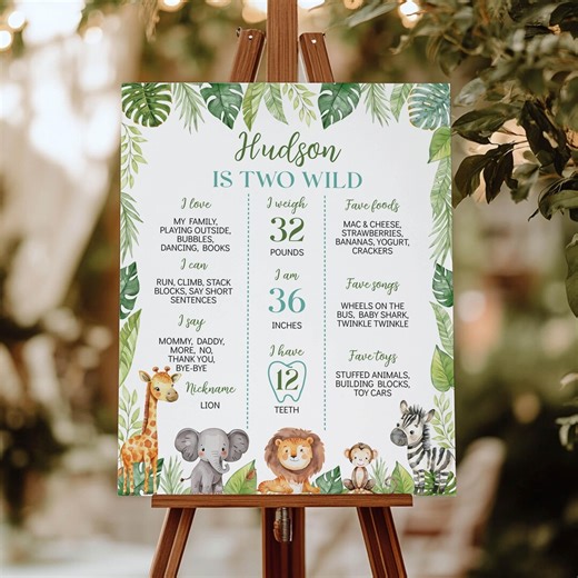 Two Wild Safari Birthday Milestone Poster | Jungle Animal 2nd Birthday Sign | Printable Zoo Party Decor, Editable Template. - Etsy