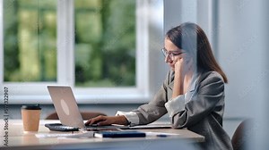 Tired business woman workaholic work laptop paperwork desk window office routine sad fatigue