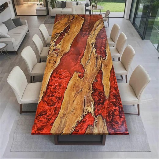 Live Edge Wood & Red Epoxy Resin Dining Table – Handmade Galaxy River Design - Etsy