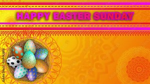 Decorated easter eggs and beautiful yellow gradient colour background with happy easter Sunday blessings.