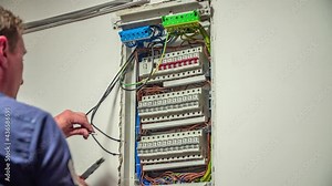 Male Electrician testing electrical power of solar panels on residential.Industrial electrician testing voltage on the solar power plant.