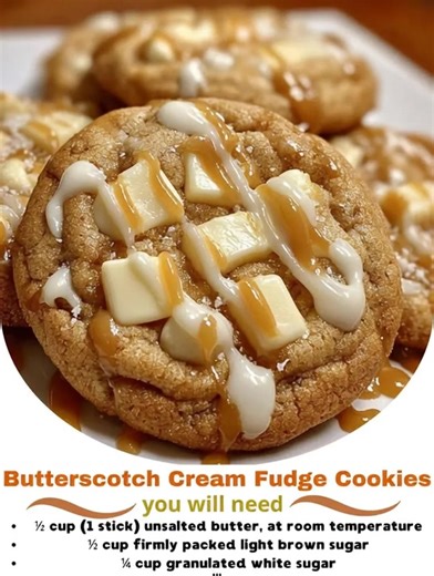 Butterscotch Cream Fudge Cookies "As I pulled these cookies from the oven, the sweet aroma wrapped around me like a warm hug, and I couldn’t help but smile — they’re like little bites of happiness!" These Butterscotch Cream Fudge Cookies are a delightful treat that perfectly balance creamy butterscotch and rich fudge, making every moment a celebration. Ingredients 1 cup unsalted butter, softened 1 cup brown sugar, packed 2 cups all-purpose flour 1 cup butterscotch chips Reacipe in First Coʍmеոτ 