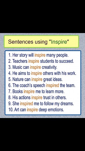 Learn English sentences using the word 'Inspire' Inspire in a sentence Learn English sentences English learning Inspire meaning #englishlessonsonline #vocabularywords #vocabulary #English #englishlanguage #englishvocabulary #spokenenglishclasses #spokenenglishskills | English Learning