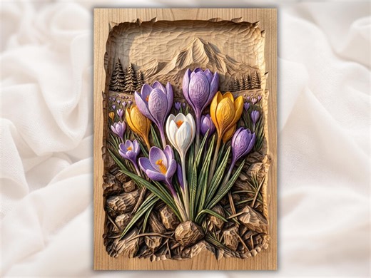 Spring Bloom Model | Crocus Garden Scene | Alpine Floral Carving | Rustic Home Accent | Wildflower Panel Art | Wood Grain Look - Etsy Australia
