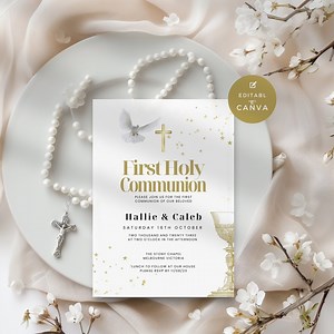 Editable Holy Communion Invitation Card Template for Girl or Boy, White & Gold Dove and Cross, Simple, Elegant First Communion Invite, NDC01 - Etsy