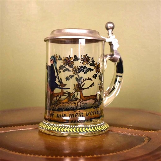 Vintage German Glass Beer Stein With Painted Scene & Pewter Lid | Collectible Barware - Etsy