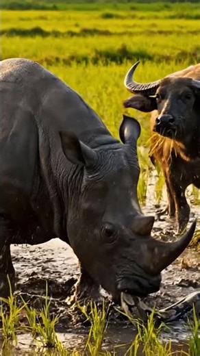 Rhino Saves Buffalo From Giant Python Attack​ #Wildlife #AnimalRescue #RhinoVsPython