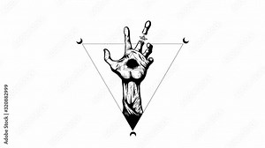 Animated tattoo of a hand with an eye that moves desperately. Looped animation, white background, geometry, tattoos, 2d animation, logo animation.
