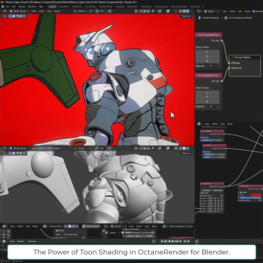 Lino Grandi on Instagram: "The power of toon shading in OctaneRender for Blender. Clean lighting, crisp edges, full control over diffuse and specular passes — all inside a physically based renderer. Anime aesthetics, production-ready pipeline. #OctaneRender #Blender3D #ToonShading #animeart #blenderrender #NPR #3DArtist #mecha #3danimation #ghostintheshell #OTOY"