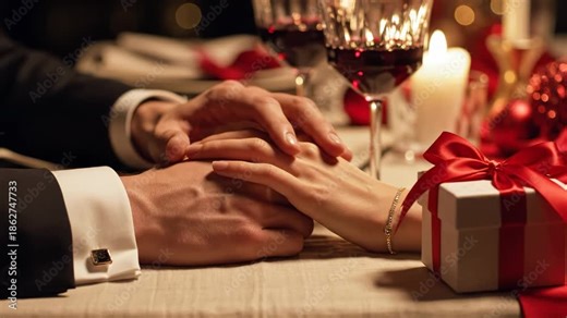 Closeup of a couples hands tenderly touching over a romantic dinner table with red wine, candlelight, and a wrapped gift box with a red ribbon