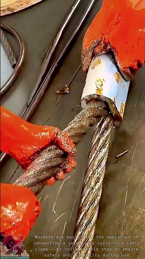 Workers connect large cables to cable clamps