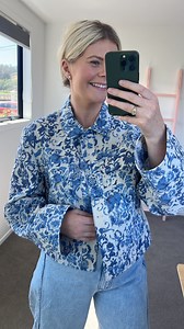 Oooh, this print has us 🩵 How beautiful is the new jacket? We plan ons typing this as a top too with our favourite blue and white jeans. New KAREN WALKER is on our website now | Hyde Boutique