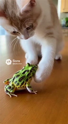 Kitten Taps the Frog—And the Frog’s Reaction Is Savage! #kitten #frog