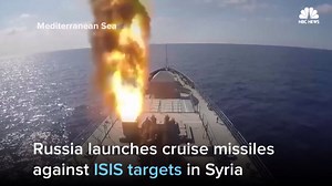 Watch three Russian military ships fire cruise missiles at ISIS command centers and ammunition depots in Syria. Watch more: http://nbcnews.to/2t02uoh | NBC News