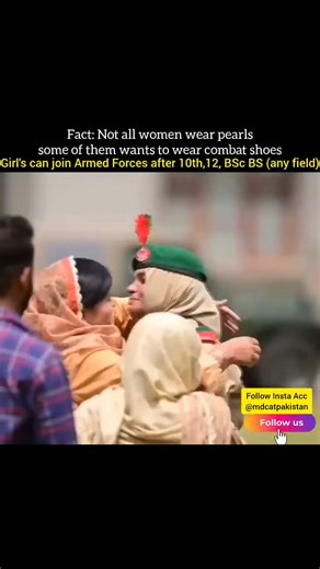 Join Armed Forces #Army #Navy #PAF after 10th,12th,BSc/BS or Master's in any field (females allover Pakistan) 📢 For Army Navy PAF Job's, Follow https://whatsapp.com/channel/0029VaD7D8E4o7qGwUdQfR0W Allhumdulillah, in 2024 our 550 female students selected in Army Navy PAF, they were trained and prepared by Forces Academy 03104468631 Girls 🧕 can join #Army #Navy #PAF *Pakistan Army* 1. Women can join the Pakistan Army as officers through the Lady Cadet Course (LCC), Army Nursing (AFNS) or Short 