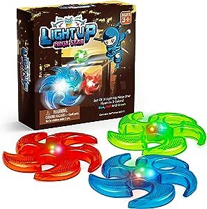 PICK A TOY Light Up Ninja Flyers Set, 3 LED Electronic Stars, Heavy Duty Rubber Throwing Discs, Fun and Interactive Kids Toys for Tossing, Games, and Play, 3 Colors, Includes Gift Box