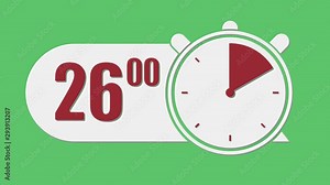 Animation: a neat countdown timer going from thirty to zero, with numbers (seconds, fractions) and visual cues (a stopwatch becoming red). Green background.