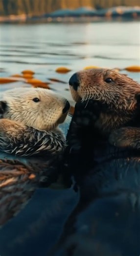 Sea Otter Couple Floating and Cuddling at Sunset.#seaotter, #otters, #cuteanimals