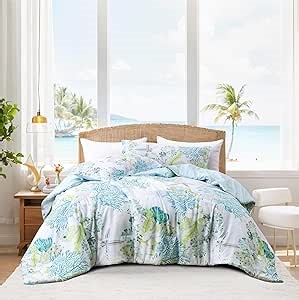 Tritard Coastal Comforter Set Queen Size 3 Piece, Soft Beach Themed Comforter, Ocean Nautical Lightweight Bedding Sets for All Seasons, (1 Reversible Comforter and 2 Pillow Shams), 90''x90'', C8