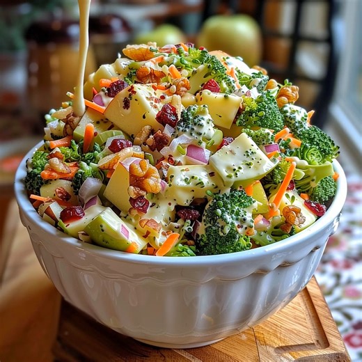 Salade croquante et crémeuse de brocoli et pomme 🥦🍎 Ingrédients * 4 tasses de fleurettes de brocoli finement hachées (environ 1 gros brocoli) * 1 tasse de carottes râpées * 1/2 tasse d’oignon rouge finement émincé * 1/2 tasse de canneberges séchées * 1 grosse pomme croquante (Fuji, Gala ou Honeycrisp), coupée en dés * 1/2 tasse de noix concassées (noix de pécan, de Grenoble ou graines de tournesol) * 1/2 tasse de dés de cheddar doux Pour la sauce : * 3/4 tasse de mayonnaise (classique ou végét