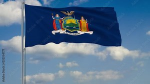 Flag of New York - US state fluttering in the wind against a cloudy sky