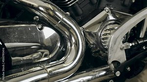 Overview display of components and assemblies of a motorcycle close-up.