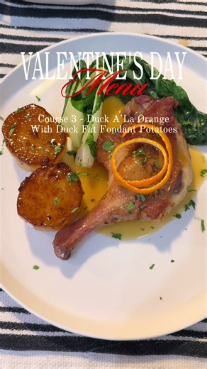 Valentine’s Day Menu | Course 3 - Roasted Duck Leg A’la Orange with Duck Fat Fondant Potatoes & Bok Choy Duck is one of my favorite foods to make. Whether is a Confit Leg or a seared Duck Breast, it can be intimidating to make, but this roasted leg recipe is super easy to make. This is a simpler version of this French classic. ~ Recipe ~ Roasted Duck Leg • Duck Leg • Salt • Thyme • Garlic • Shallots A’la Orange Sauce • White Wine Vinegar x1/4 Cup • Sugar x3 tbsp • Juice of 4 Oranges • Peels from