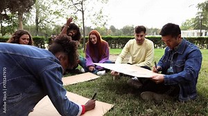 multicultural activists friends sitting writing cartoons fighting for equality and against racism